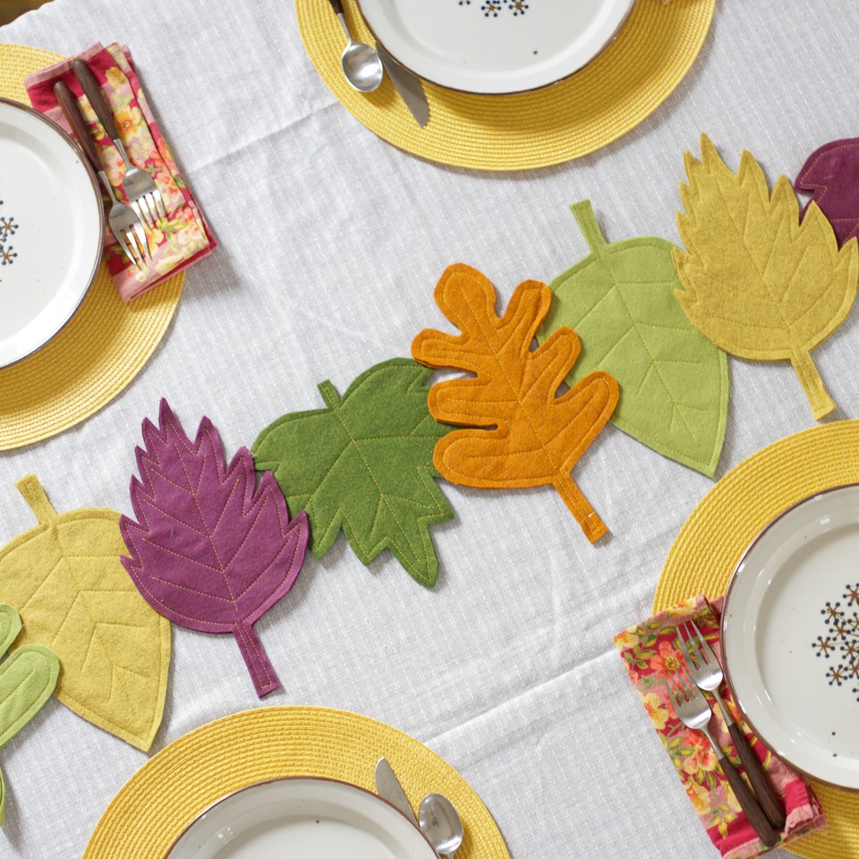 finished DIY colorful felt fall leaf table runner