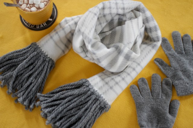 diy fleece fringe scarf flat lay