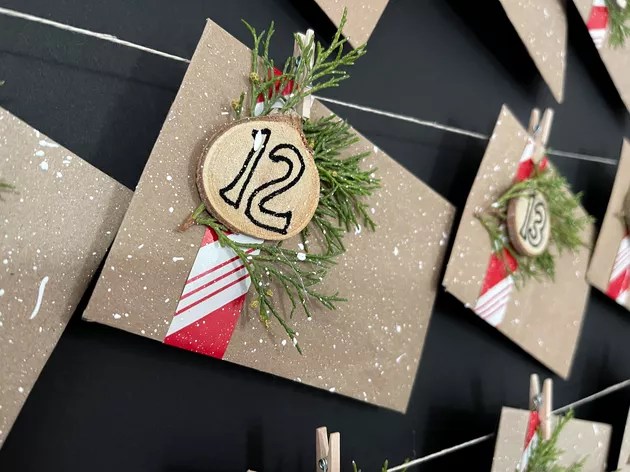close up of an upcycled advent calendar made with paper bags