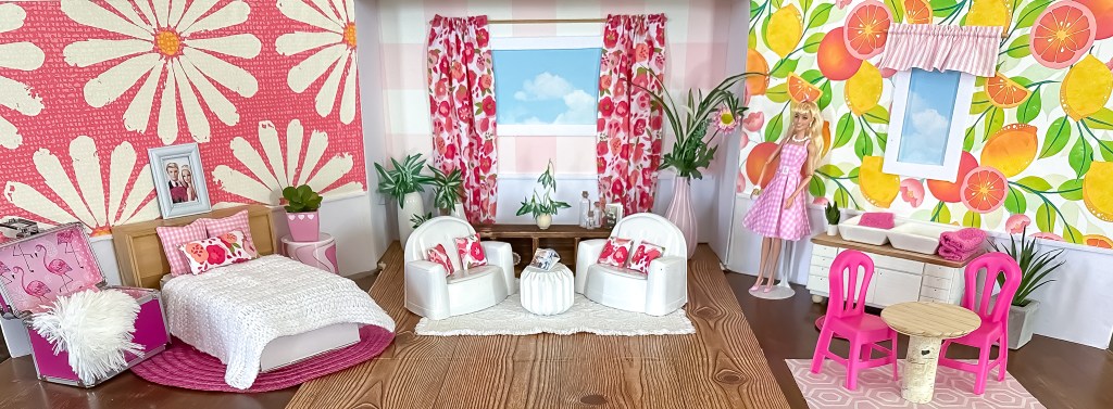 Full view of the modern cardboard fold-out Barbie house based on the 1962 version