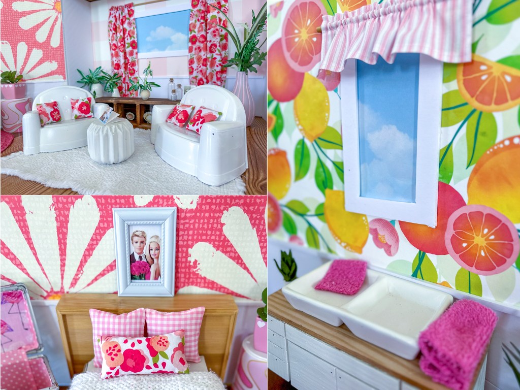 Collage of the living room, bedroom and kitchen in a modern cardboard fold-out Barbie house based on the 1962 version